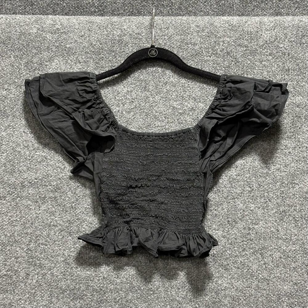 Ramy Brook Blouse Womens XS Black Smocked Square Neck Puff Sleeve Cropped Top